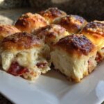 Close-up of freshly baked pizza sliders showing gooey melted cheese and pepperoni spilling out.