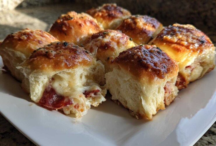 Close-up of freshly baked pizza sliders showing gooey melted cheese and pepperoni spilling out.