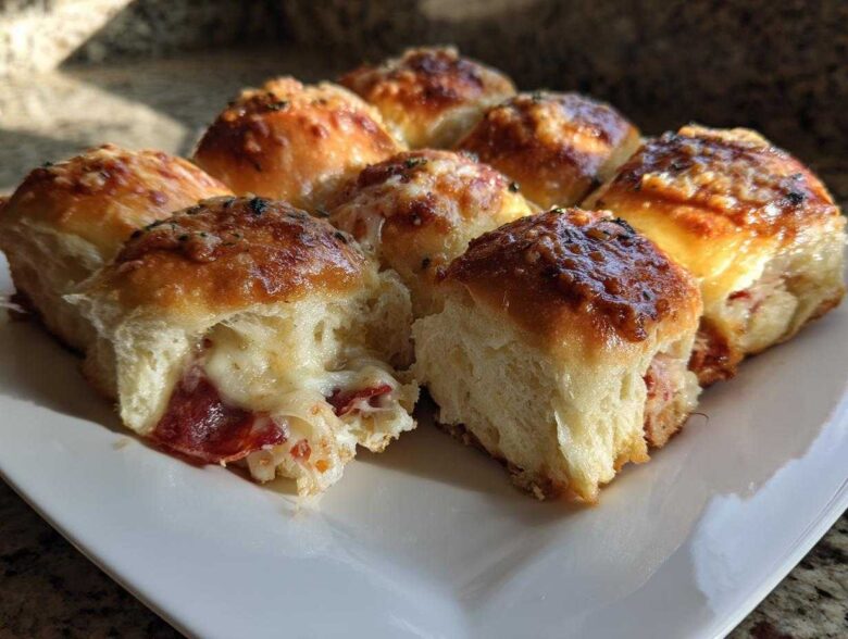 Close-up of freshly baked pizza sliders showing gooey melted cheese and pepperoni spilling out.