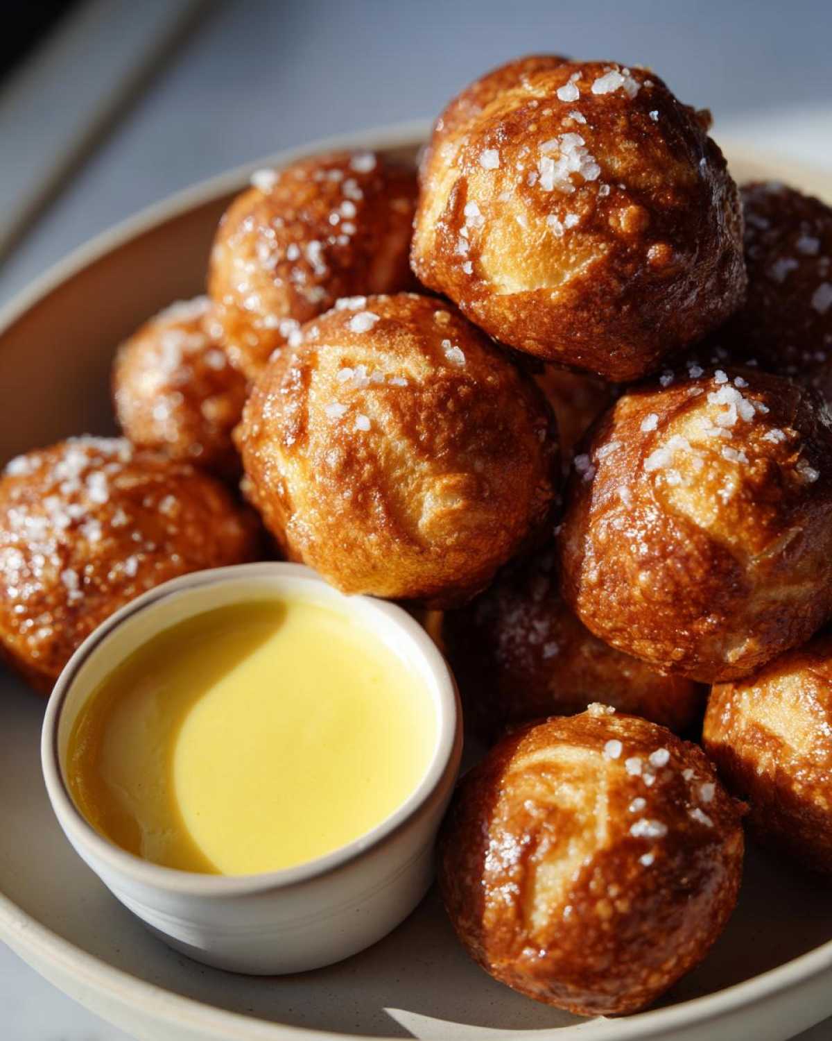 A pile of freshly baked, golden brown pretzel bites sprinkled with coarse salt, served with a side of bright yellow cheese dip.