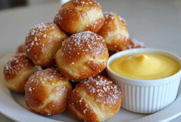 A pile of golden brown pretzel bites sprinkled with coarse salt next to a white ramekin of bright yellow cheese sauce.