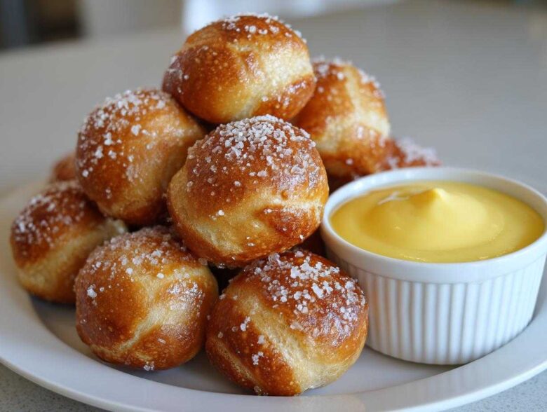 A pile of golden brown pretzel bites sprinkled with coarse salt next to a white ramekin of bright yellow cheese sauce.