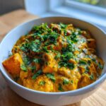 A close-up of a creamy, vibrant orange pumpkin curry topped generously with fresh chopped cilantro or parsley.