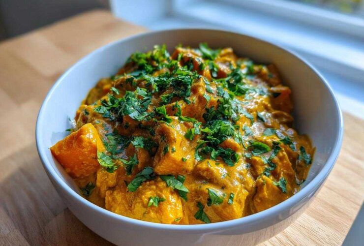 A close-up of a creamy, vibrant orange pumpkin curry topped generously with fresh chopped cilantro or parsley.
