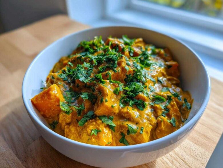 A close-up of a creamy, vibrant orange pumpkin curry topped generously with fresh chopped cilantro or parsley.