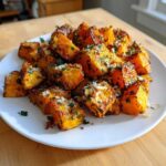 A plate piled high with golden brown roasted sweet potato cubes, topped with fresh parsley and grated cheese.