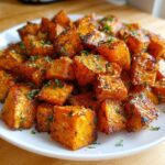 Close-up of a white plate piled high with perfectly seasoned and caramelized roasted sweet potato cubes, garnished with herbs.