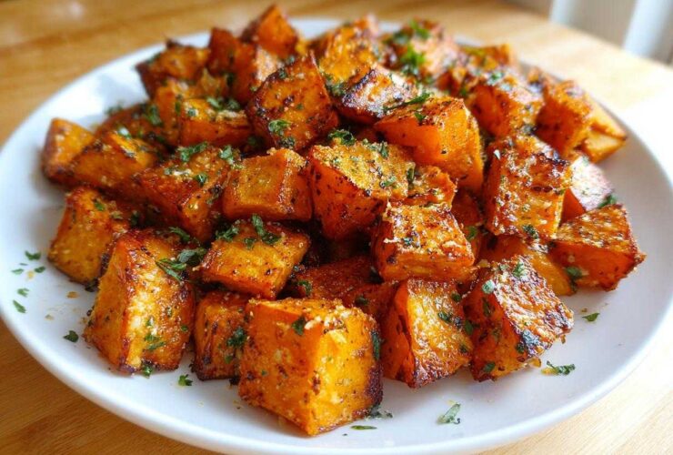 Close-up of a white plate piled high with perfectly seasoned and caramelized roasted sweet potato cubes, garnished with herbs.