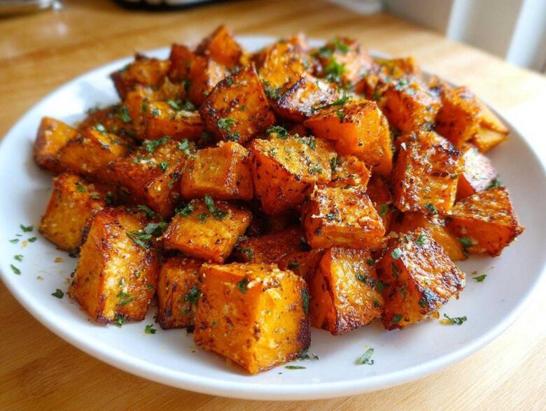 Close-up of a white plate piled high with perfectly seasoned and caramelized roasted sweet potato cubes, garnished with herbs.