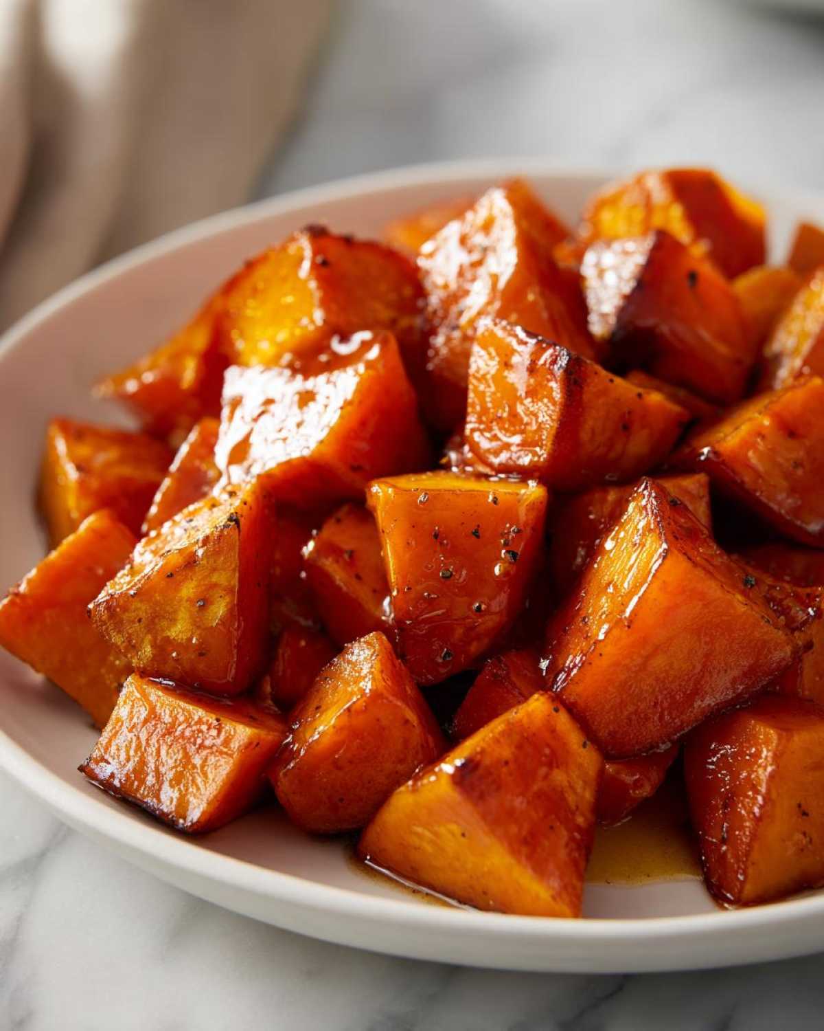 Close-up of perfectly caramelized roasted sweet potatoes cubes glistening with glaze in a white bowl.