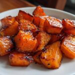 Close-up of caramelized, glazed roasted sweet potatoes cubes served on a white plate.