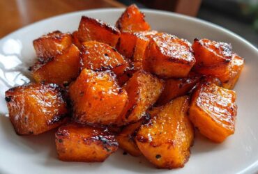 Close-up of caramelized, glazed roasted sweet potatoes cubes served on a white plate.
