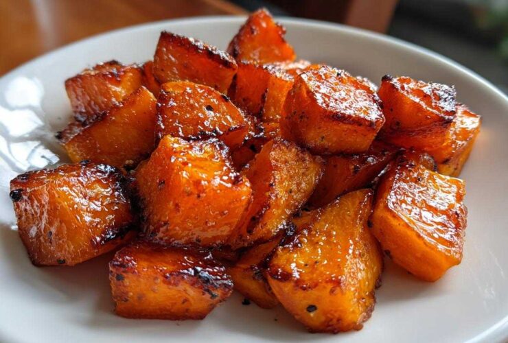 Close-up of caramelized, glazed roasted sweet potatoes cubes served on a white plate.