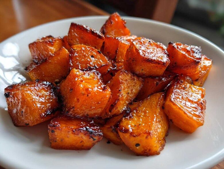 Close-up of caramelized, glazed roasted sweet potatoes cubes served on a white plate.