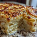 Close-up of a thick slice of creamy, layered scalloped potatoes with a browned, cheesy topping.
