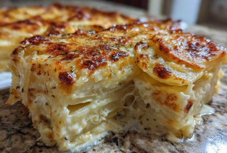 Close-up of a thick slice of creamy, layered scalloped potatoes with a browned, cheesy topping.
