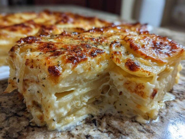 Close-up of a thick slice of creamy, layered scalloped potatoes with a browned, cheesy topping.
