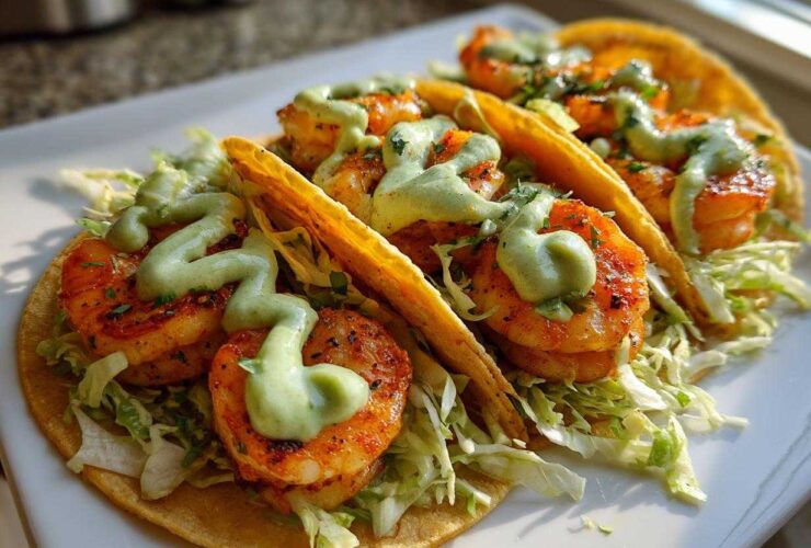 Three delicious shrimp taco shells filled with shredded lettuce, seasoned shrimp, and drizzled with a creamy green sauce.