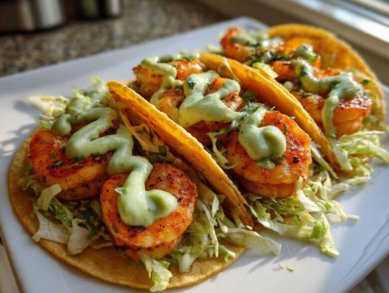 Three delicious shrimp taco shells filled with shredded lettuce, seasoned shrimp, and drizzled with a creamy green sauce.