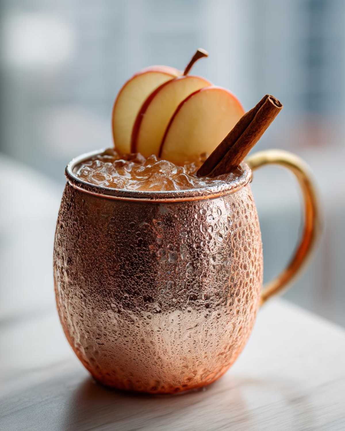 Close-up of a frosty copper mug filled with an apple cider Moscow mule, garnished with apple slices and a cinnamon stick.