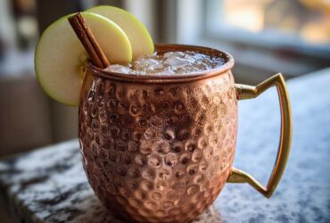 A frosty apple cider moscow mule served in a hammered copper mug, garnished with green apple slices and a cinnamon stick.