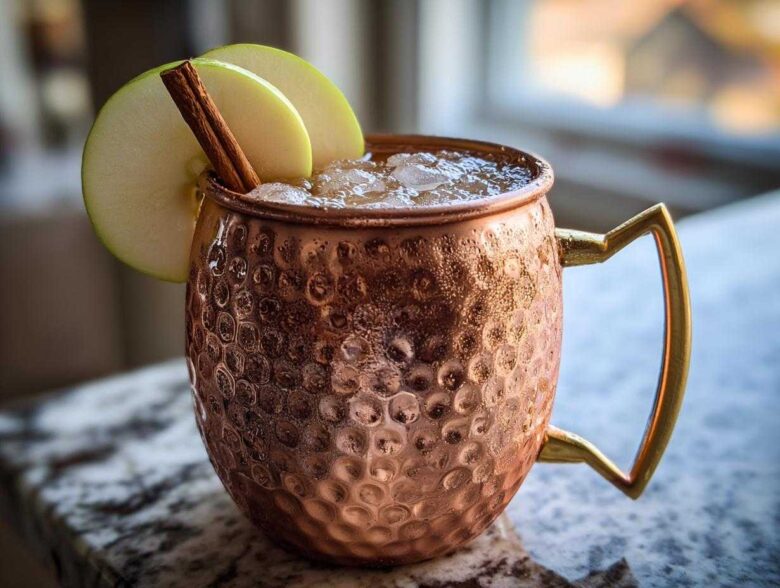 A frosty apple cider moscow mule served in a hammered copper mug, garnished with green apple slices and a cinnamon stick.