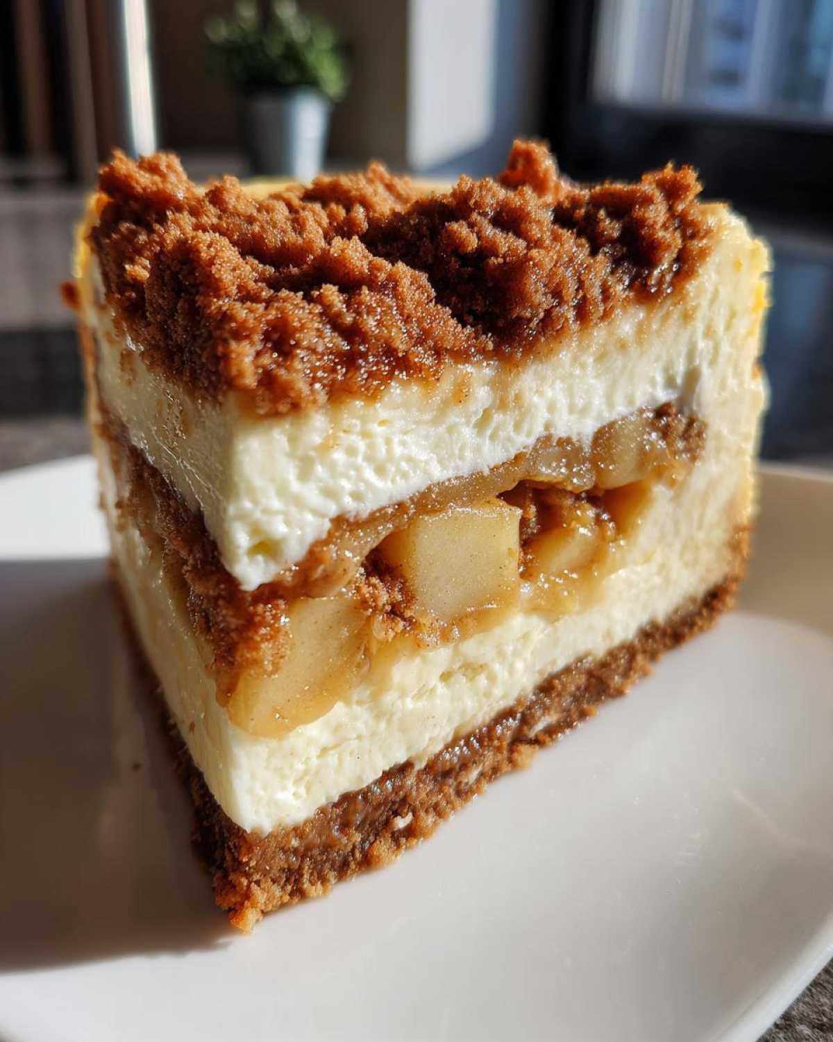Close-up of a layered slice of apple pie cheesecake showing graham cracker crust, creamy filling, spiced apples, and crumble topping.