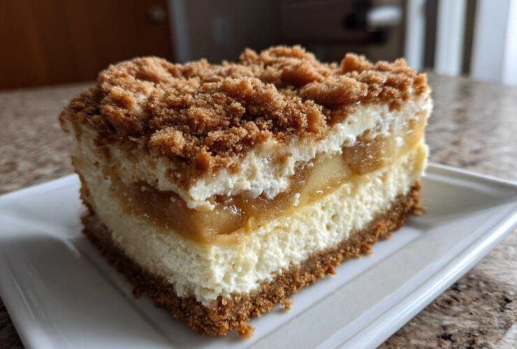 A thick, layered slice of apple pie cheesecake topped with cinnamon crumble, sitting on a white plate.
