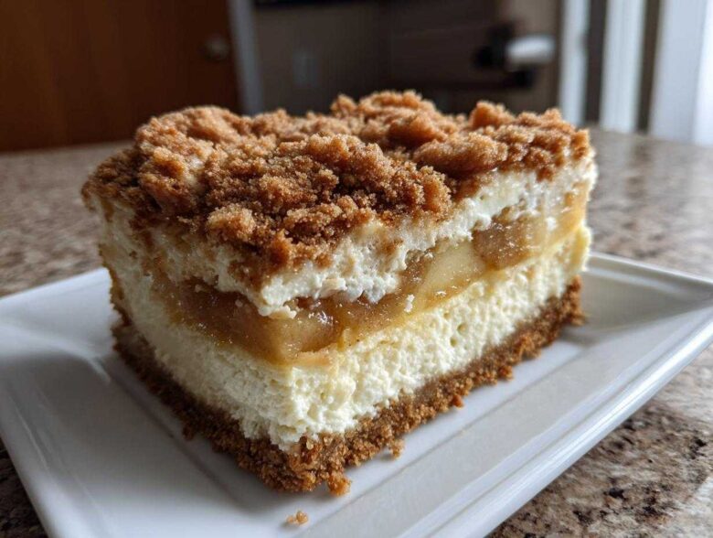 A thick, layered slice of apple pie cheesecake topped with cinnamon crumble, sitting on a white plate.
