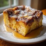 A square slice of moist baked french toast topped with powdered sugar and maple syrup.