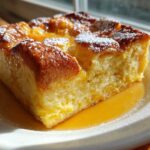 A close-up of a golden brown slice of baked french toast, drizzled with syrup and dusted with powdered sugar.
