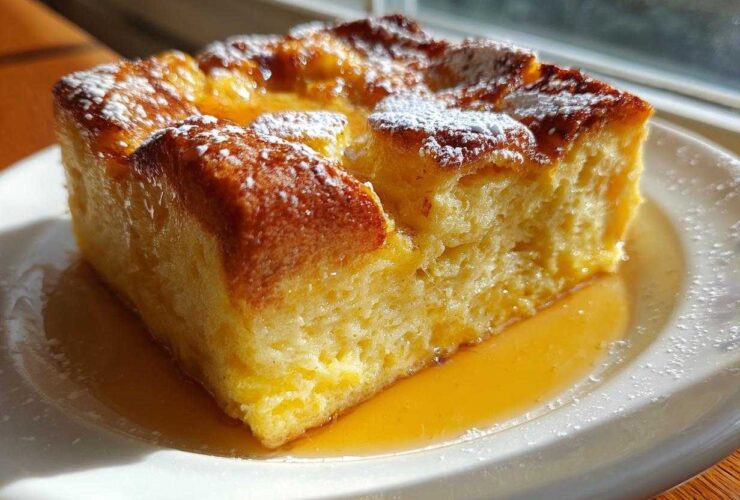 A close-up of a golden brown slice of baked french toast, drizzled with syrup and dusted with powdered sugar.