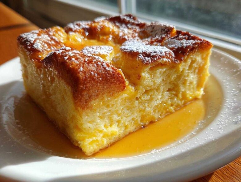A close-up of a golden brown slice of baked french toast, drizzled with syrup and dusted with powdered sugar.