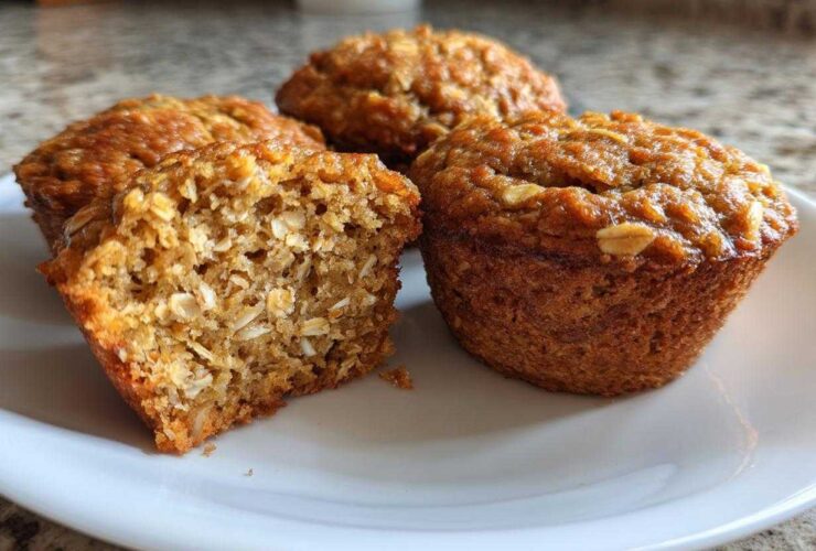 Close-up of moist banana oatmeal muffins, showing the hearty oat texture inside one cut muffin.