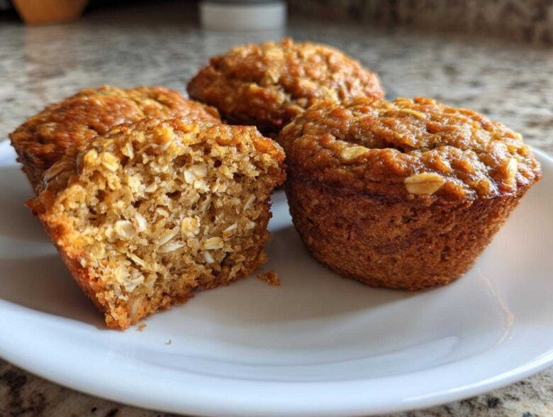 Close-up of moist banana oatmeal muffins, showing the hearty oat texture inside one cut muffin.
