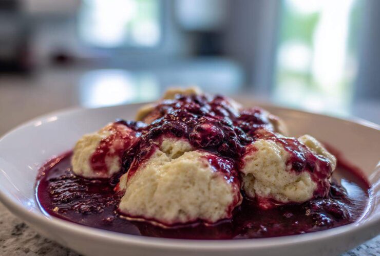 Close-up of fluffy Blackberry Dumplings swimming in a rich, dark purple berry sauce in a white bowl.