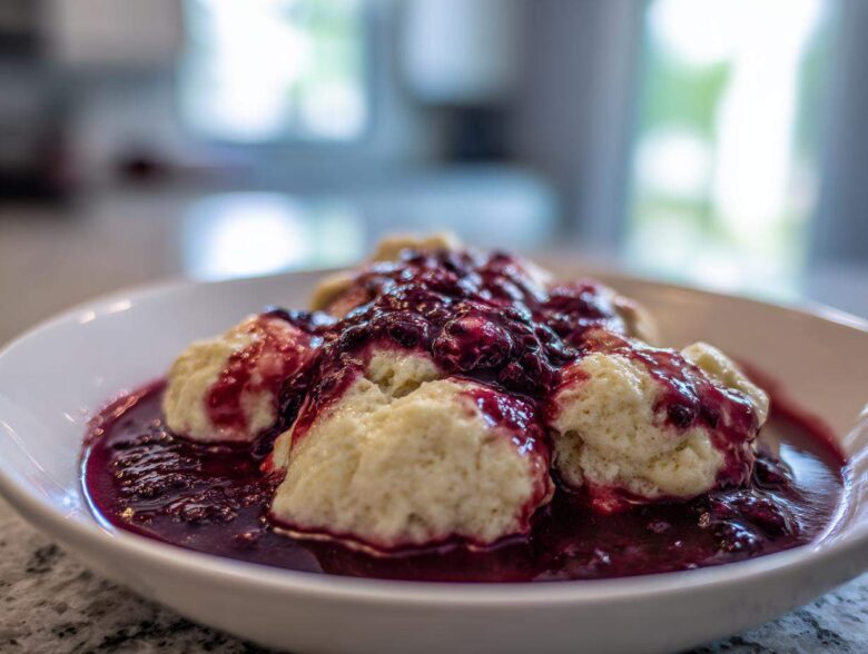 Close-up of fluffy Blackberry Dumplings swimming in a rich, dark purple berry sauce in a white bowl.