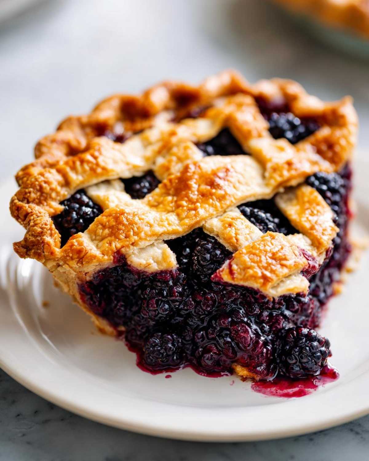 A close-up of a perfect slice of blackberry pie featuring a golden lattice crust and rich, dark blackberry filling.