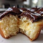 A boston cream pie cupcake cut in half showing the vanilla cake, pastry cream filling, and chocolate ganache topping.