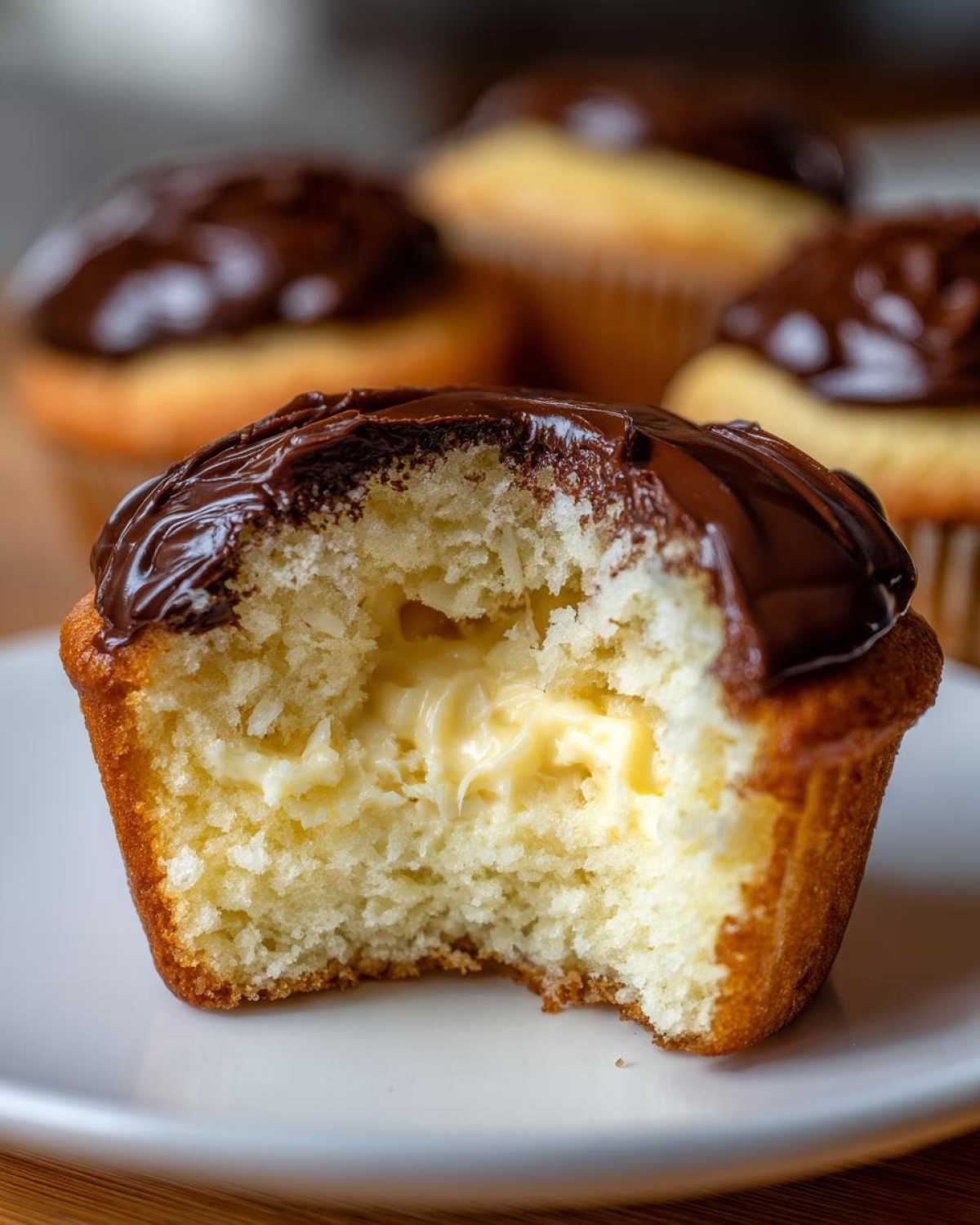 Close-up of a boston cream pie cupcakes with a bite taken out, showing the vanilla cake, pastry cream filling, and chocolate glaze.