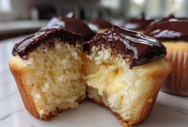 A boston cream pie cupcake cut in half showing the vanilla cake, pastry cream filling, and chocolate ganache topping.