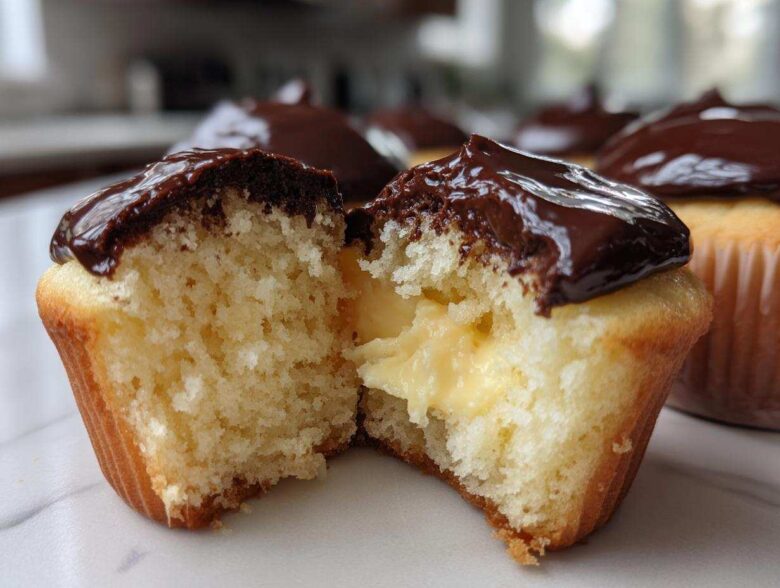 A boston cream pie cupcake cut in half showing the vanilla cake, pastry cream filling, and chocolate ganache topping.