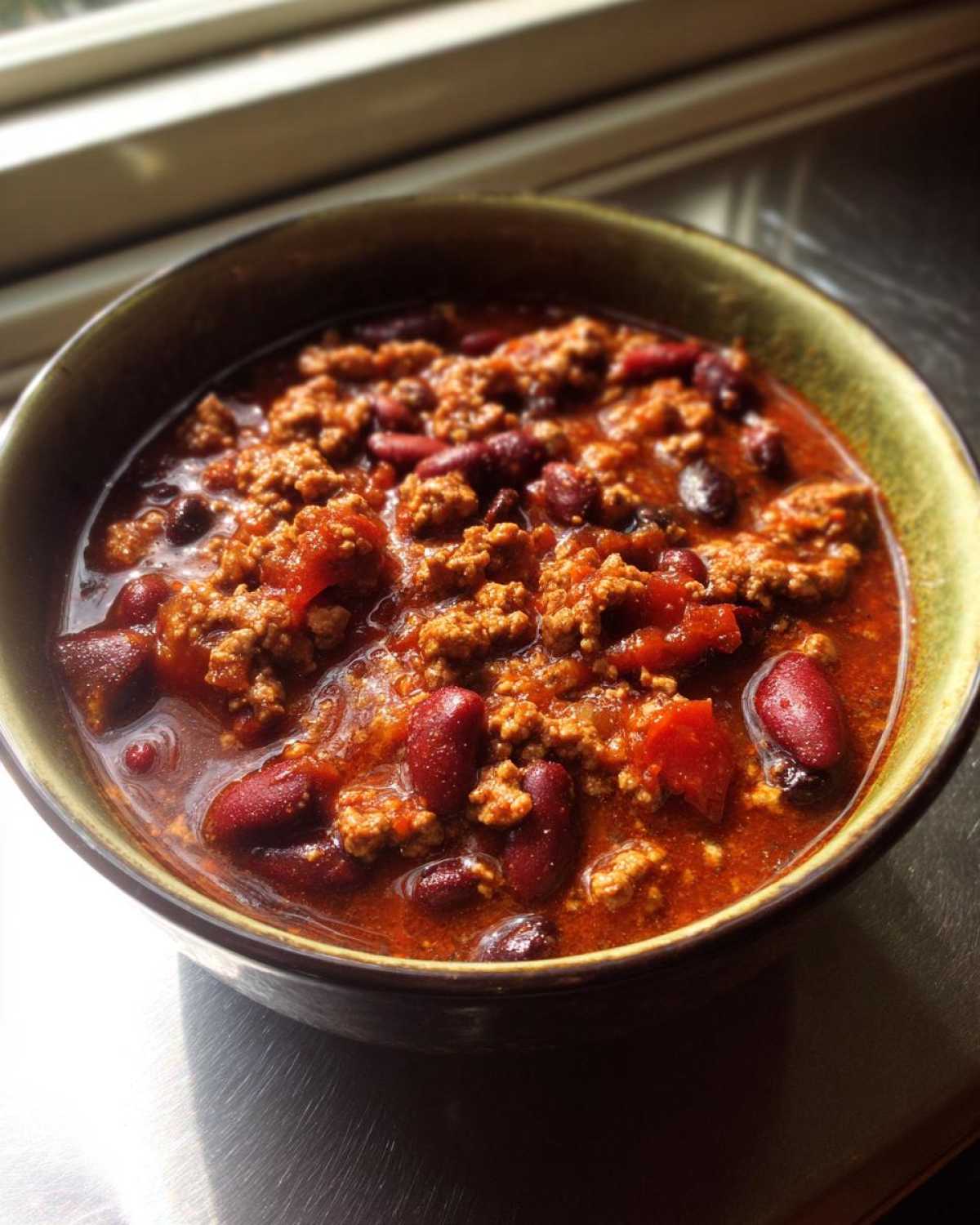 Close-up of a bowl filled with rich, red high protein chili featuring ground meat and kidney beans.