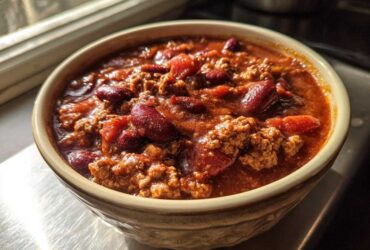 Close-up of a bowl filled with rich, thick high protein chili featuring ground meat and kidney beans.