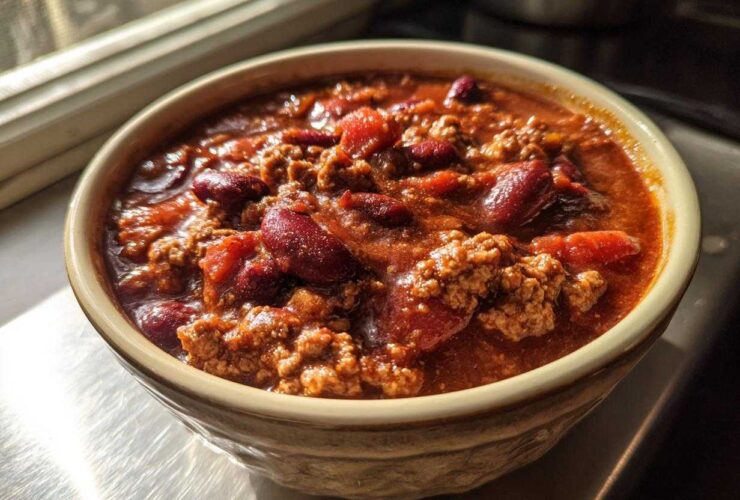 Close-up of a bowl filled with rich, thick high protein chili featuring ground meat and kidney beans.