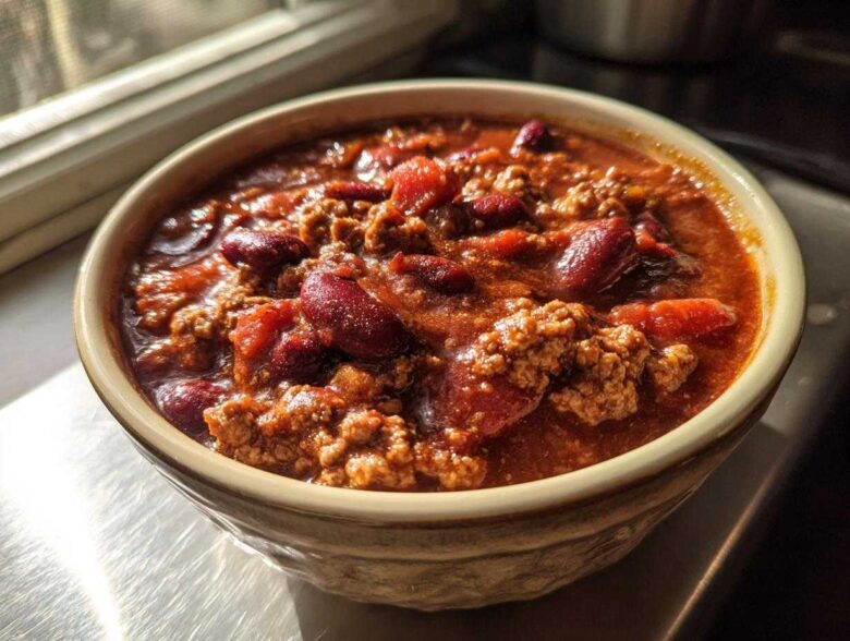 Close-up of a bowl filled with rich, thick high protein chili featuring ground meat and kidney beans.