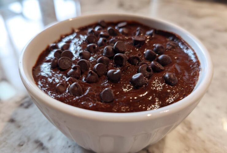 Close-up of a small white bowl filled with rich, dark brownie batter dip topped generously with semi-sweet chocolate chips.