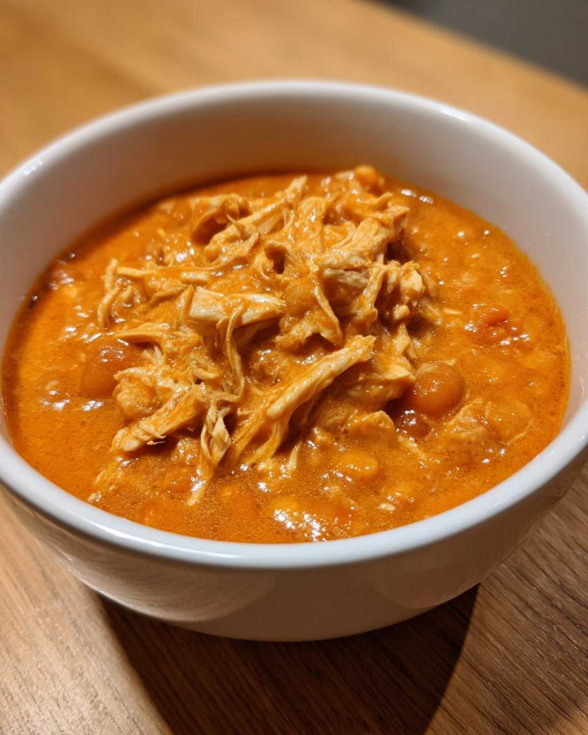 Close-up of a white bowl filled with rich, orange-red buffalo chicken chili topped with shredded chicken.