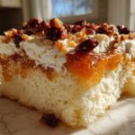 A moist slice of butter pecan praline poke cake topped with whipped cream, caramel sauce, and chopped pecans.