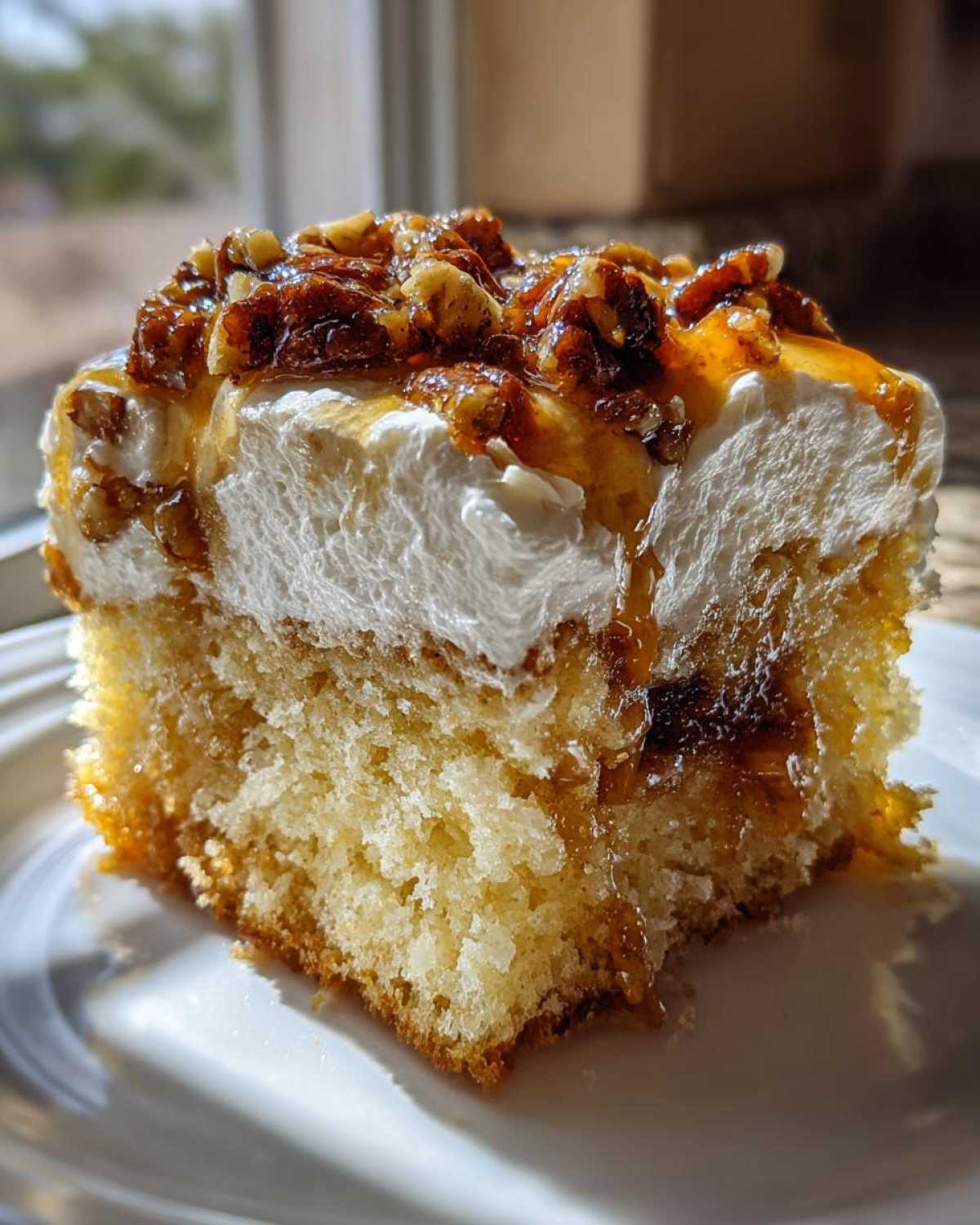 A moist slice of butter pecan praline poke cake topped with whipped cream and candied pecans.